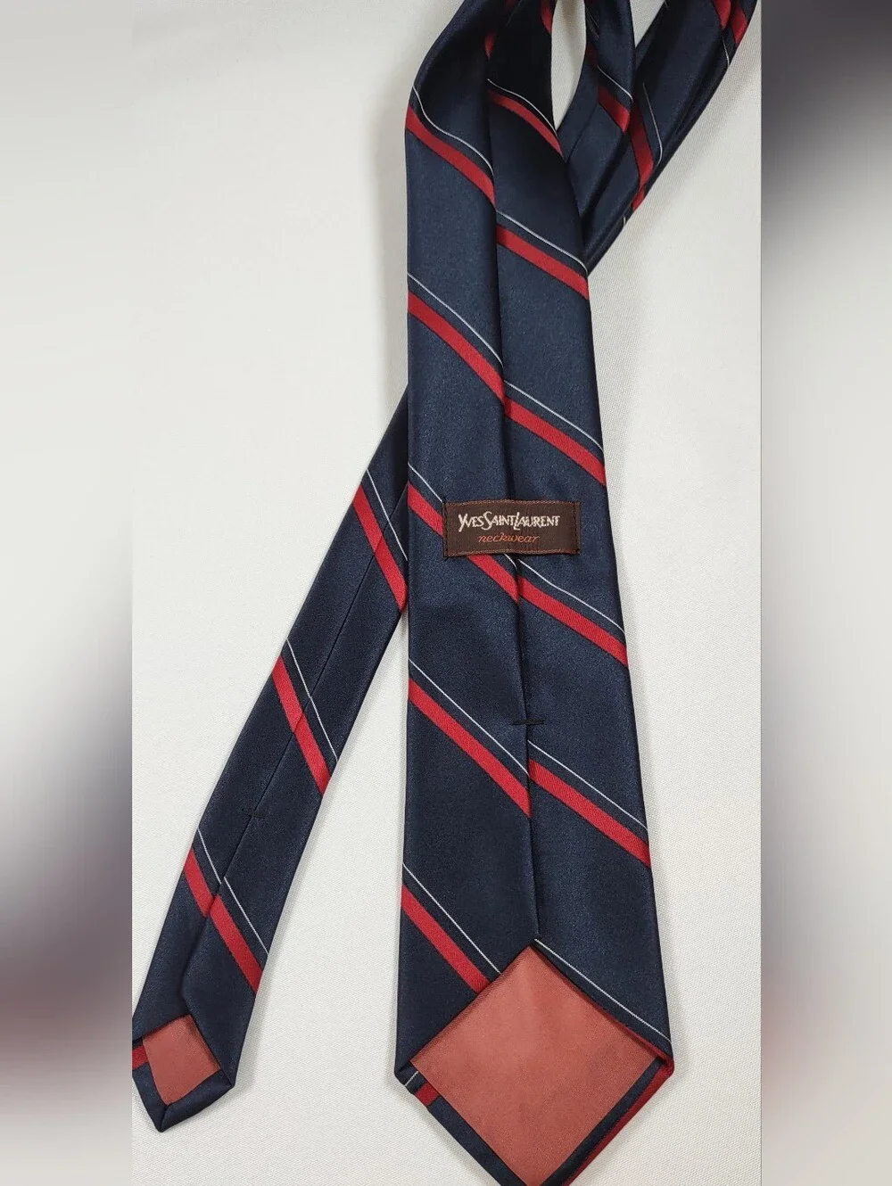 Yves Saint Laurent Vintage YSL Men’s Silk Tie Navy Red Striped Short Necktie